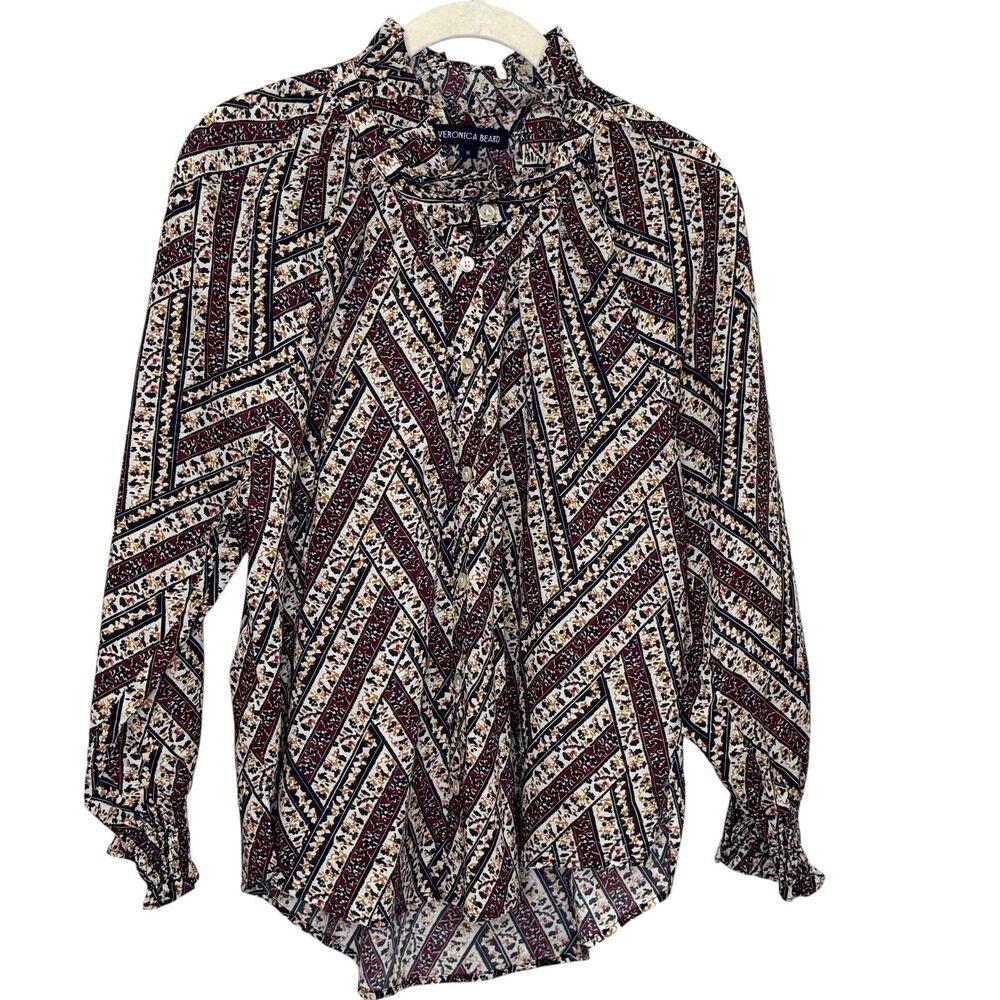 Veronica Beard Maroon and Cream Patterned Blouse